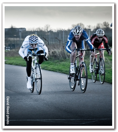 photo of Lewis Atkins (Twenty 3C Orbea) taking another finish line, last day of the winter series. Jake Martin (pendragon-lecol-colnago) and Andy Betts (Sigma Sport Specialized CT)