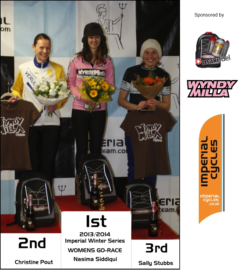 Winter Series Womens Only Go-Race 2013/2014 1st Nasima Siddiqui WyndyMilla, 2nd Christine Pout Verulam CC, 3rd Sally Stubbs Imperial Racing Team