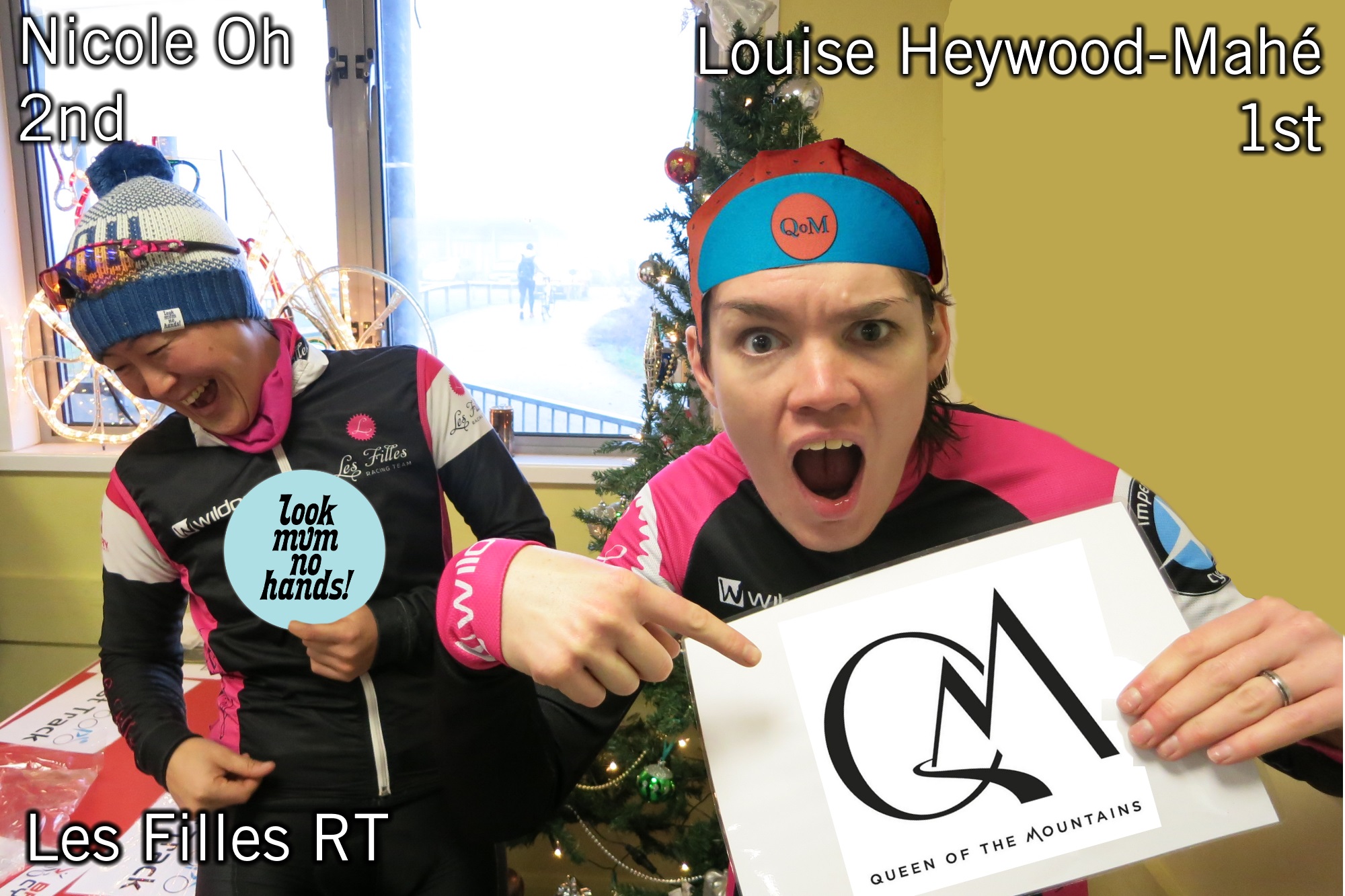 Louise Heywood-Mah&eacute; (Les Filles RT) wins Womans 2nd/3rd Cat Race - she win Queen of the Mountains Cap, Arm Warmers & Socks. 2nd Place is Nicole Oh (Les Filles RT) and she wins Burger dinner at Look Mum No Hands!