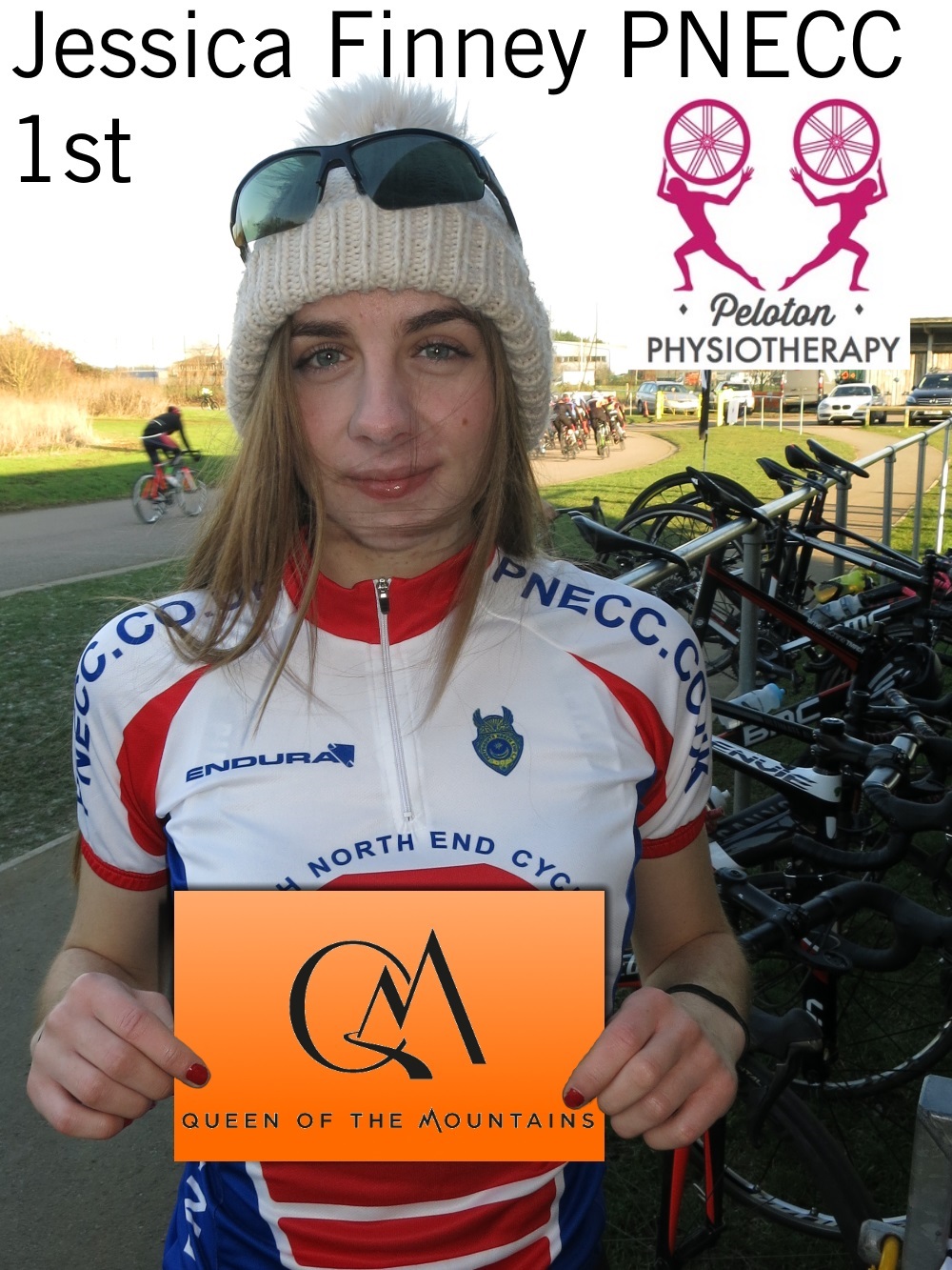Jessica Finney (Portsmouth North End CC) winner of Womans 4th Cat race receives Peloton Physio sports treatment session and Queen of the Mountains arm warmers