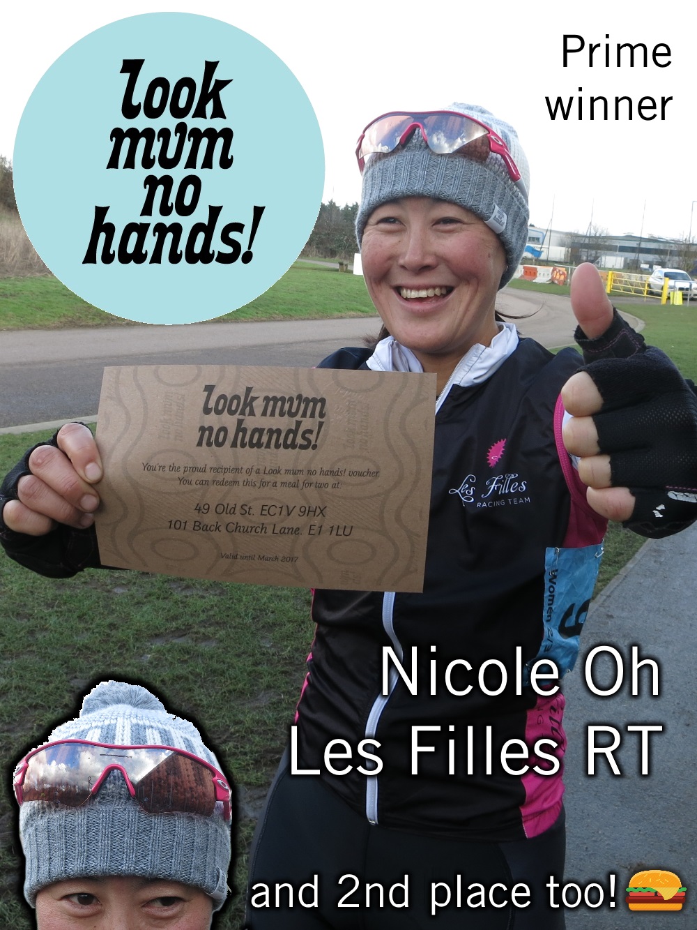 Nicole Oh (Les Filles RT) Prime winner of Womans 2nd/3rd Cat race gets dinner for two at Look Mum No Hands LMNH and a further hot snack at the cafe for 2nd place in the race